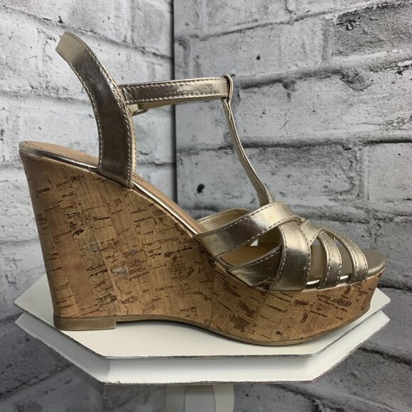Brash Y2K Strappy Metallic Gold Cork Platform Wedge Open Toe Sandals - Picture 3 of 11